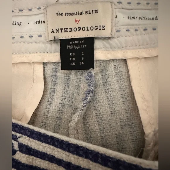 Anthropologie Blue and Cream Textured Fabric The Essential Slim Pant Size 2 - Picture 5 of 6